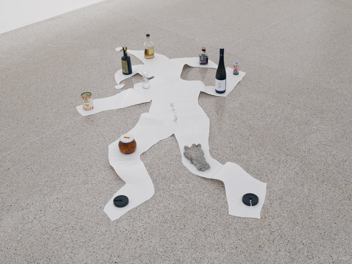 Anna-Sophie BergerDrunk or Dead?, 2016Paper, pencil, wine bottle, olive oil, whiskey, balsamic vinegar, canned beans, apricot jam, marzipan figurine, concrete hand, iron weights, salt230 x 120 cm