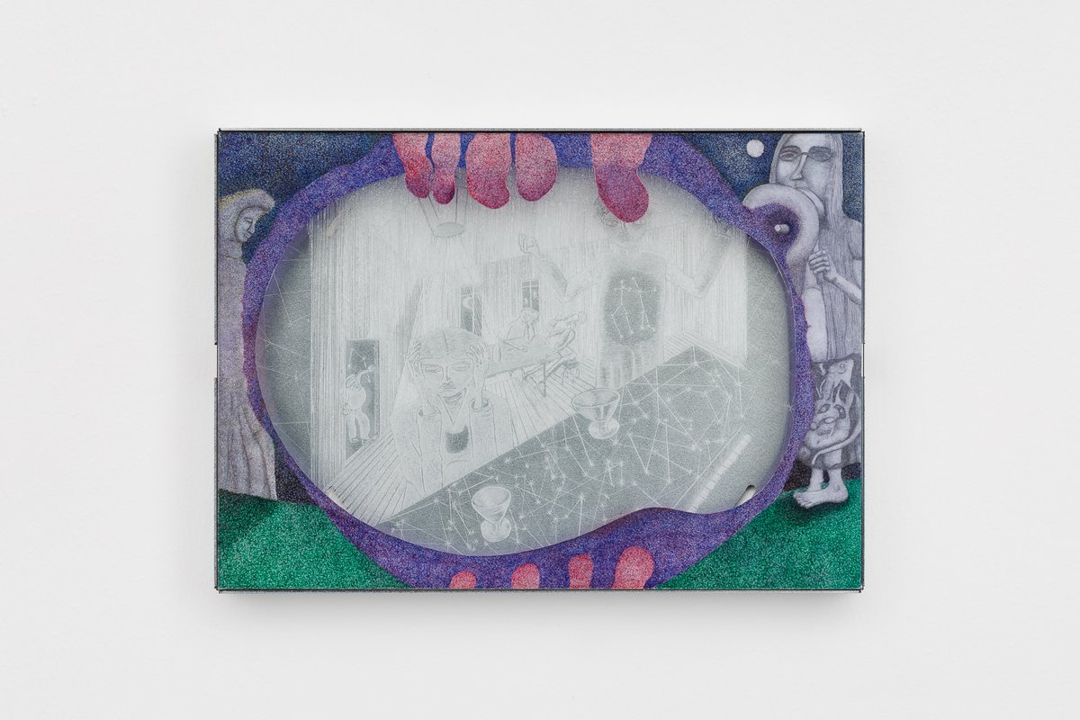 Niklas LichtiDaydrinker at Midnight, 2022Pencil, Ballpoint Pen, Pigments and Olive Oil on Paper, Engraving on Glass, Artist Frame21,4 × 30 cm (framed)New Space Show, 2022, Layr Singerstraße, Vienna