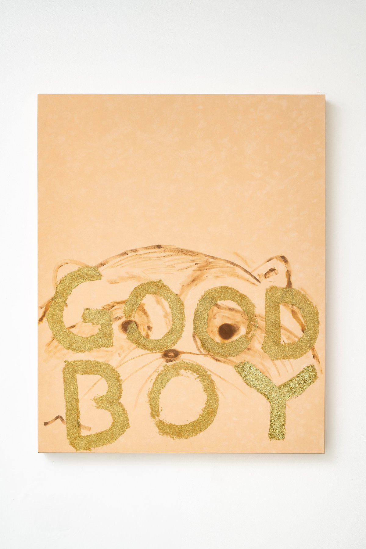 Philipp TimischlGOOD BOY (Mango, Sienna, Gold), 2019Velvet on wooden board, oil, glitter100 x 80 x 5 cm
