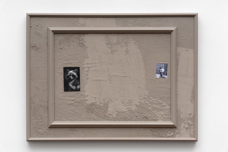 Philipp TimischlHard Painting (Old and less old), 2025Industrial paint, plaster, mouldings, C-print, UV protected Xerox print on canvas90 × 120 cm
