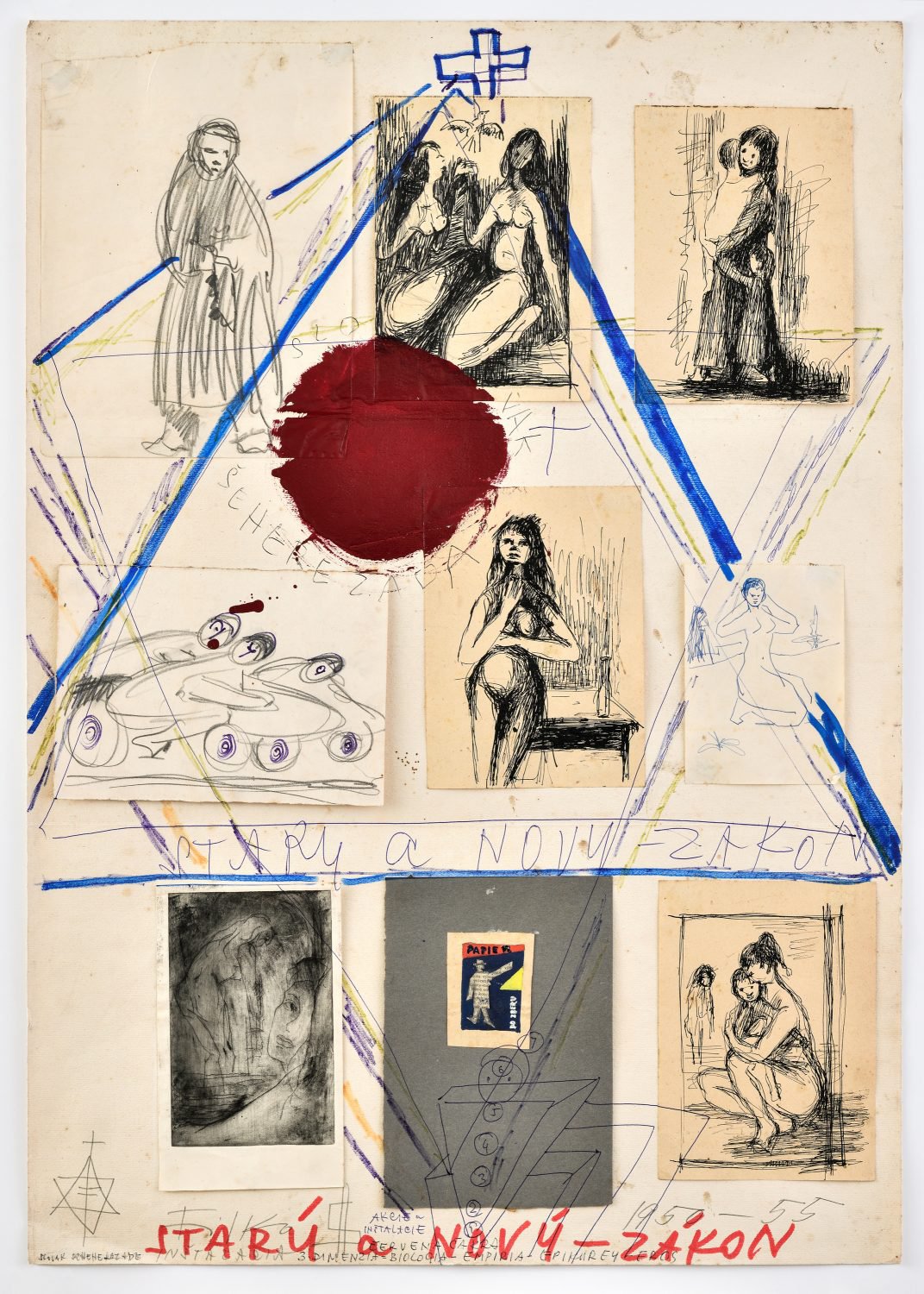 Stano FilkoFrom the cycle Old and New TestamentCollage, painting, felt-tip pen, pencil on paper84.5 x 59.5 cmMULTIMODAL GOOGLIFICATION OF COSMOLOGY-ORIENTED DIAGRAMMATIC EXPERIMENTATIONS OF STANO FILKO, Layr Seilerstaette, Vienna, 2019