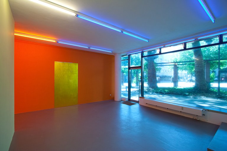 Gaylen Gerber, 2010Installation view: Gaylen Gerber, Support, n.d., silver leaf, varnish on souvenir from Crossing Through the Colors, a work in situ, Daniel Buren, 2006, 239 x 122 cm (94 x 48 in.), latex paint, transparent vinyl film, transparent lighting gelsKunstverein Ruhr, Essen