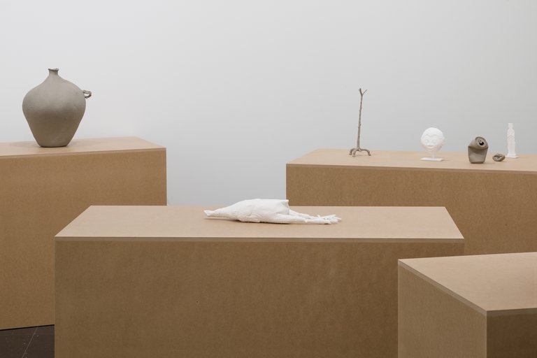 Gaylen Gerber, 2018Installation view: Gaylen Gerber, Support, n.d., oil paint on fiber and pitch water basket, Native American (Paiute or Washoe), Great Basin Area, United States, 19th century, 39.4 x 34.3 x 30.5 cm (15 ½ x 13 ½ x 12 in.); Gaylen Gerber, Support, n.d., oil paint on rubber chicken (latex with pigment), United States, 20th century, 7.6 x 44.5 x 10.2 cm (3 x 17 ½ x 4 in.); Gaylen Gerber, Support, n.d., oil paint on bronze stand for oil lamp in form of a tree, Rome, Imperial Period, 1st–4th century CE, 32.5 x 10.8 cm (12 ¾ x 5 ½ x 4 ⅛ in.); Gaylen Gerber, Support, n.d., oil paint on mirror with face, glass, and gypsum, Syro-Hittite (Luwian-, Aramaic-, and Phoenician- speaking political entities), northern Syria and southern Anatolia, 2nd century BCE, on base, 11.4 x 11.9 x 5.8 cm (5 ¾ x 4 ½ x 2 ⅜ in.); Gaylen Gerber, Support, n.d., oil paint on 12 fl. oz. printed aluminum can (Anheuser-Busch), United States, 21st century, 13 x 7.6 x 6.3 cm (5 ⅛ x 3 x 2 ½ in.), Gaylen Gerber, Support, n.d., oil paint on cinematic prop of severed ear from the Hughes Brothers’ Dead Presidents, 1995, 2 x 6 x 4 cm (¾ x 2 ⅜ x 1 ½ inches); Gaylen Gerber, Support, n.d., oil paint on female figure (bone) Egypt, Roman period, ca. 2nd–3rd century CE, on base, 15.2 x 5.4 x 3.2 cm (6 x 2 ⅛ x 1 ¼ in.)The Arts Club of Chicago, Chicago