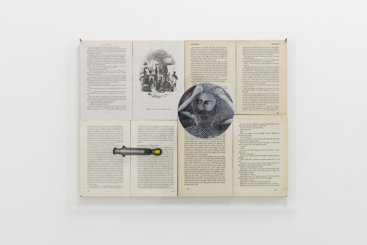 Niklas LichtiAppropriate Sentiment, 2019UV print on glass, books, syringe, stainless steel55.5 x 42.8 cm