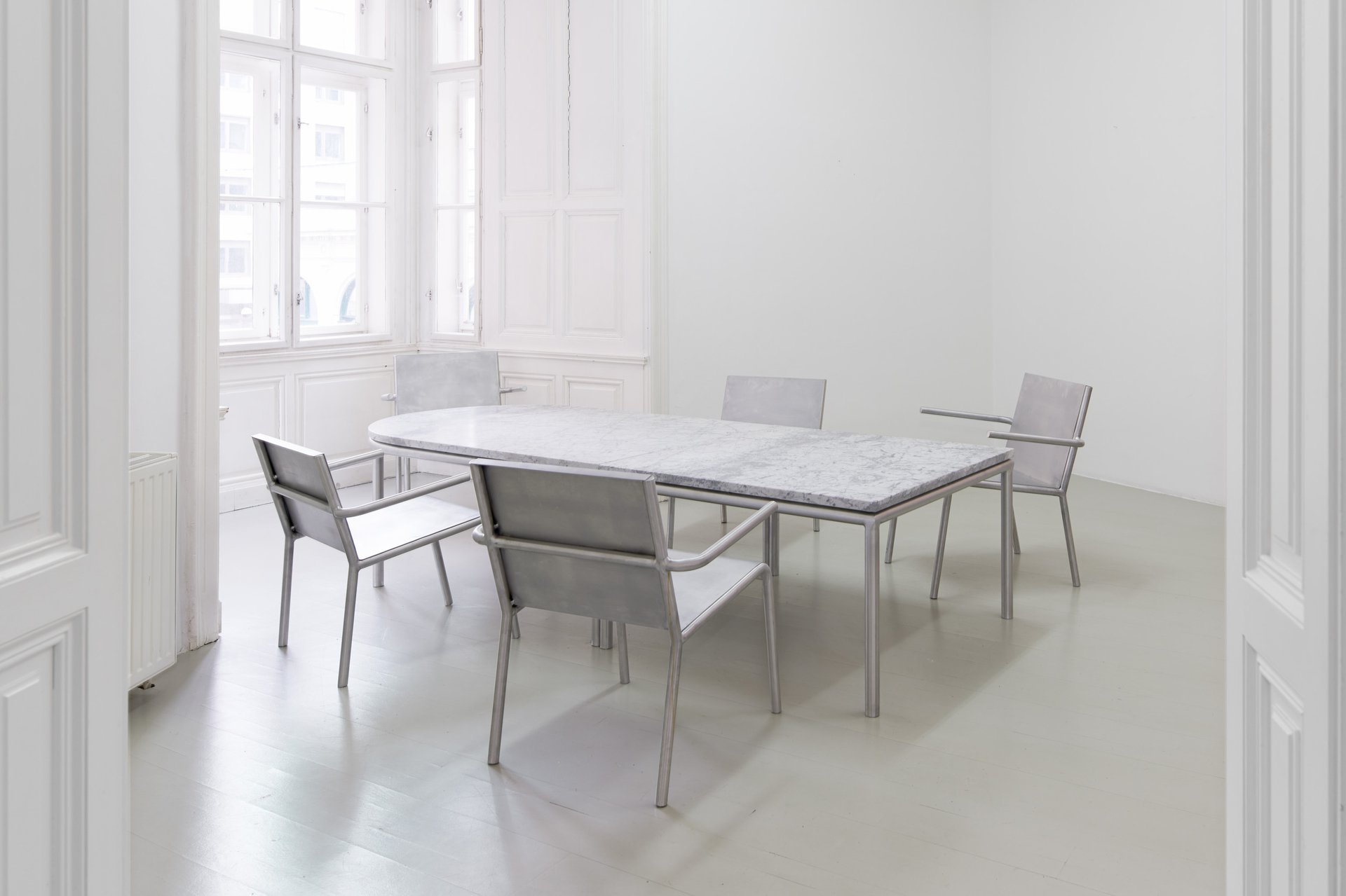 Benjamin HirteAloa Table, 2020Aluminium, Carrara Marble (two pieces)250 cm x 100 cm x 58.5 cm