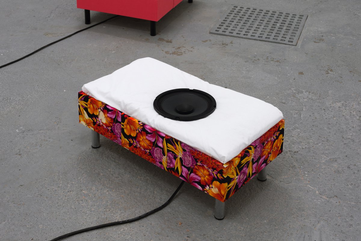 Lili Reynaud-DewarLive Through That?!, 2014Wood, fabric, cotton, bedsheet, table bases, speaker, amplifier, ink, CD player and CD