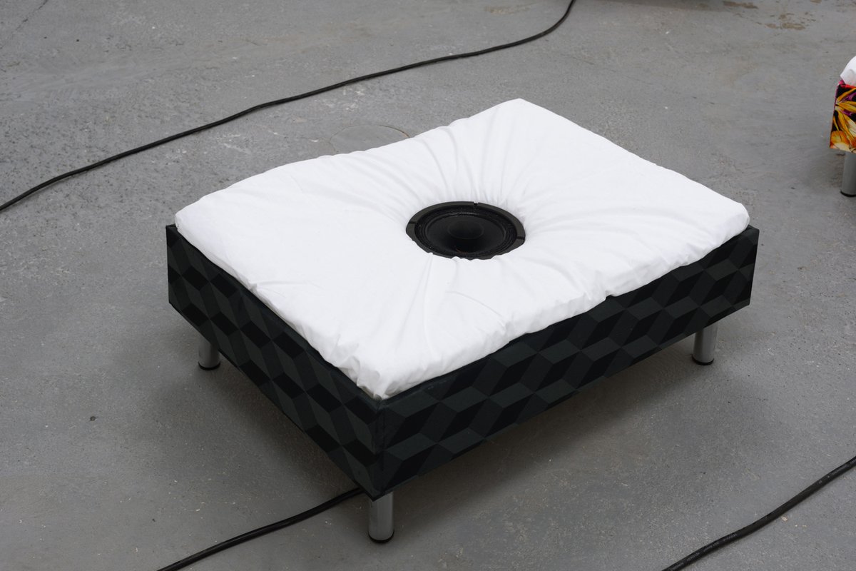 Lili Reynaud-DewarLive Through That?!, 2014Wood, fabric, cotton, bedsheet, table bases, speaker, amplifier, ink, CD player and CD