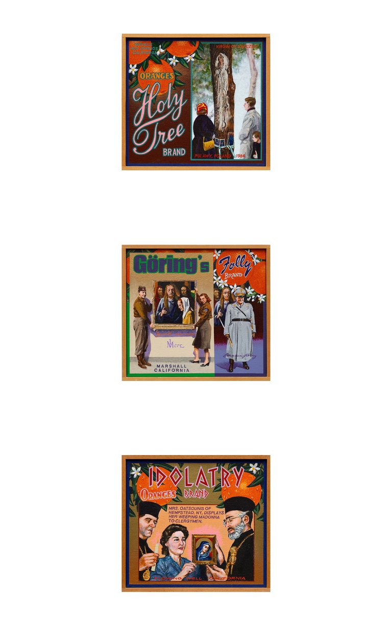 Ben Sakoguchi, Holy Tree Brand, 1998, Acrylic on canvas, pine frame, 25.4 x 27.9 cmBen Sakoguchi, Göring’s Folly Brand, 2002, Acrylic on canvas, pine frame, 25.4 x 27.9 cmBen Sakoguchi, Idolatry Brand, 1998, Acrylic on canvas, pine frame, 25.4 x 27.9 cmCourtesy the artist &amp; Layr, Vienna