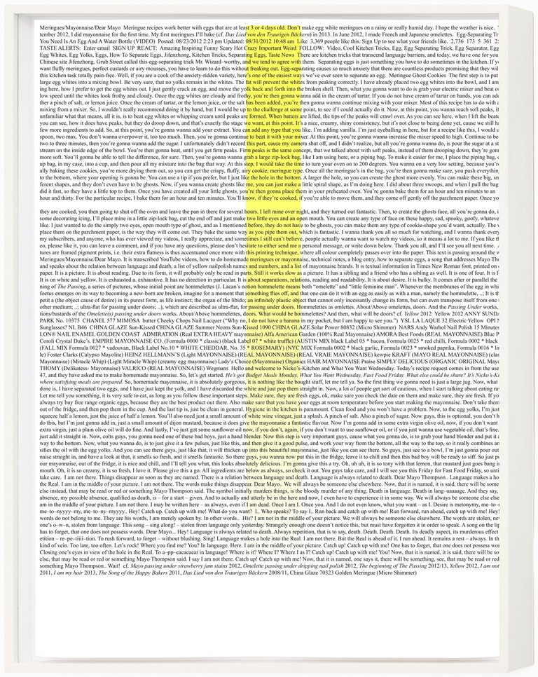 Lisa HolzerMeringues/Mayonnaise/Dear Mayo, 2014Pigment print on cotton paper92 x 72 cmEdition of 1 plus 1 artist’s proof