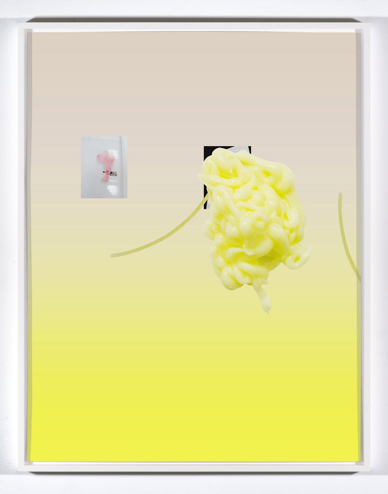 Lisa HolzerNude monochrome's naked dream with Ei passing under spaghetti and Go Blonder shampoo (blushing yellow), 2014Pigmentprint on cotton paper92 x 72 cmEdition of 1 plus 1 artist’s proof