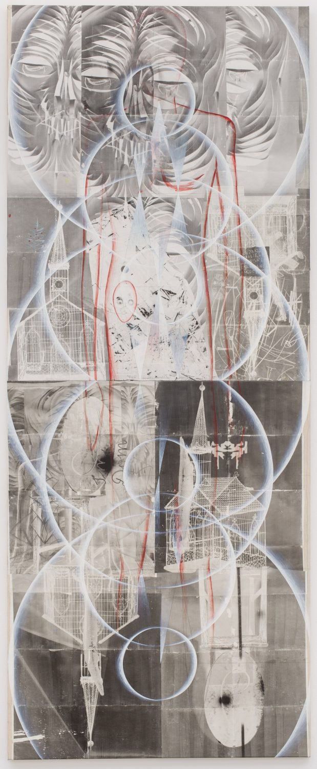 Tillman KaiserIm Dom, 2019Black and white photography and eggtempera on paper on canvas400 x 150 cm