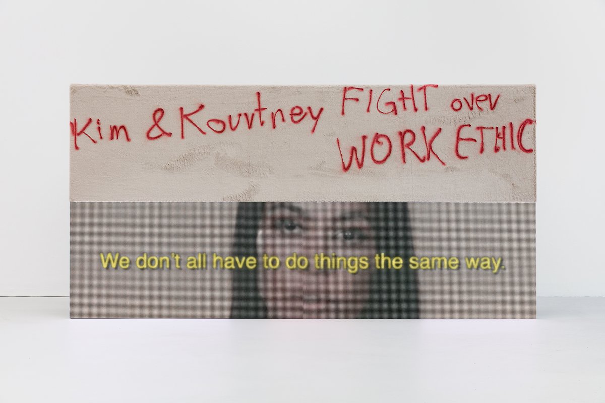 Philipp TimischlKim and Kourney FIGHT over Work Ethic, 2021Spraypaint on fake fur above LED panels, mediaplayer, video 00:04:49200 x 100 x 50 cm