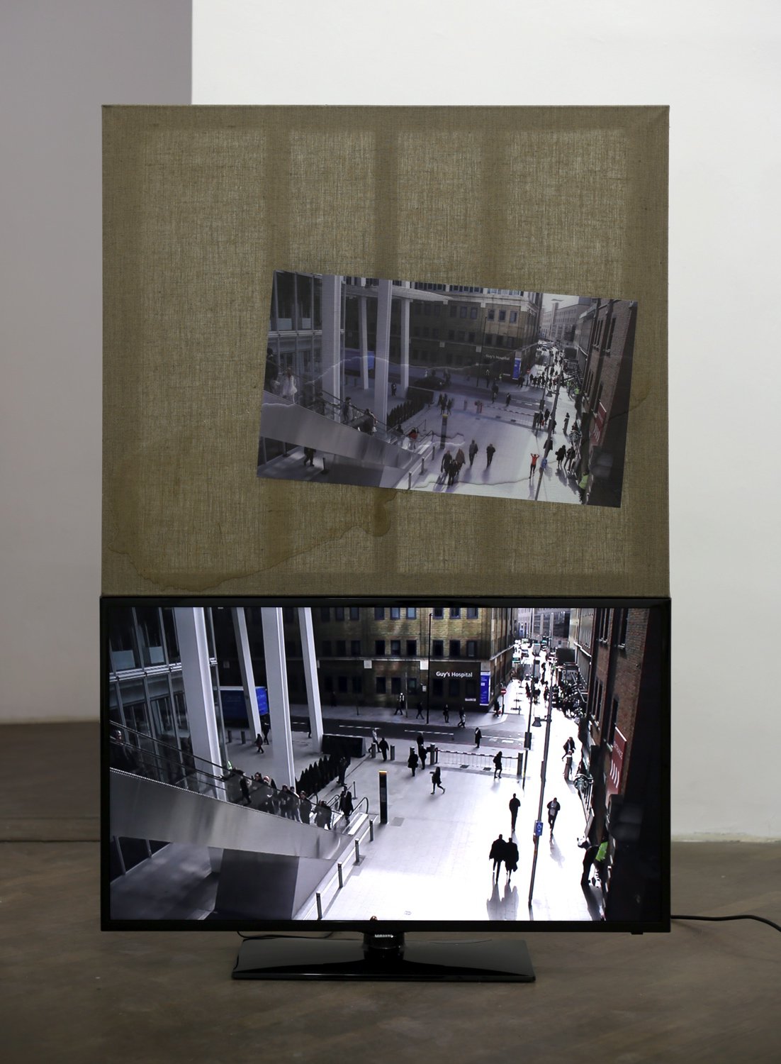 Philipp TimischlYet, The Alternatives On Offer, 2014UV-direct print on epoxy resin on canvas above flatscreen, video loop 00:02:00159 x 105 x 5 cm